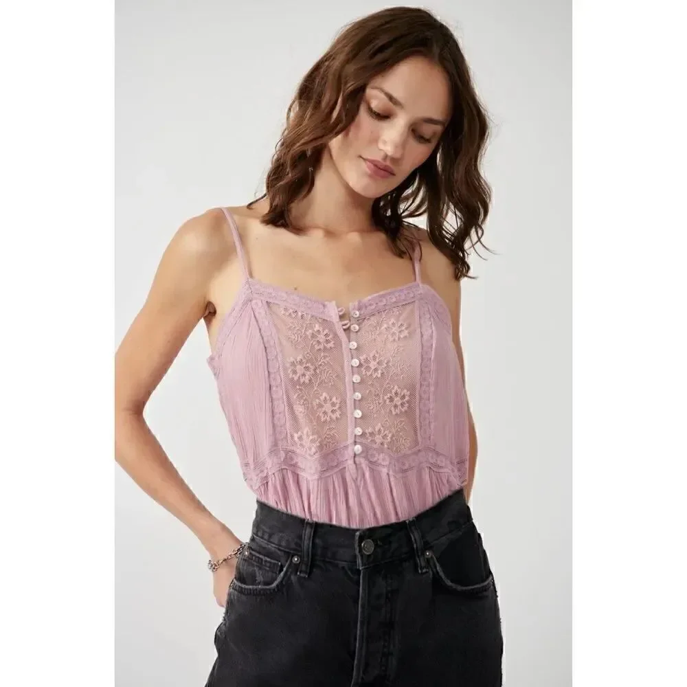 NWT Free People Still the One Lace Trim Cotton Bodysuit in La Fleur, Size XS